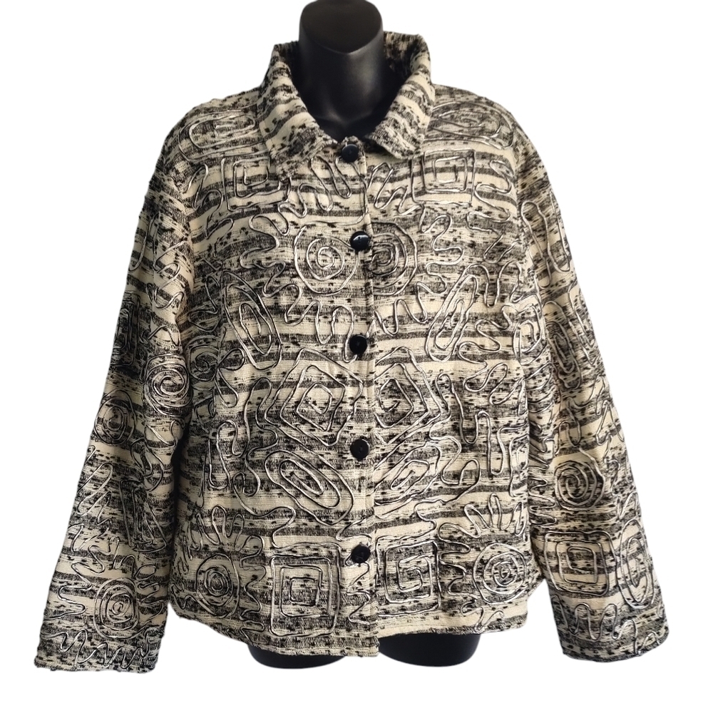 Keren Hart Blazer Jacket Women's Black Cream Embroidered Blazer Jacket Sz Large